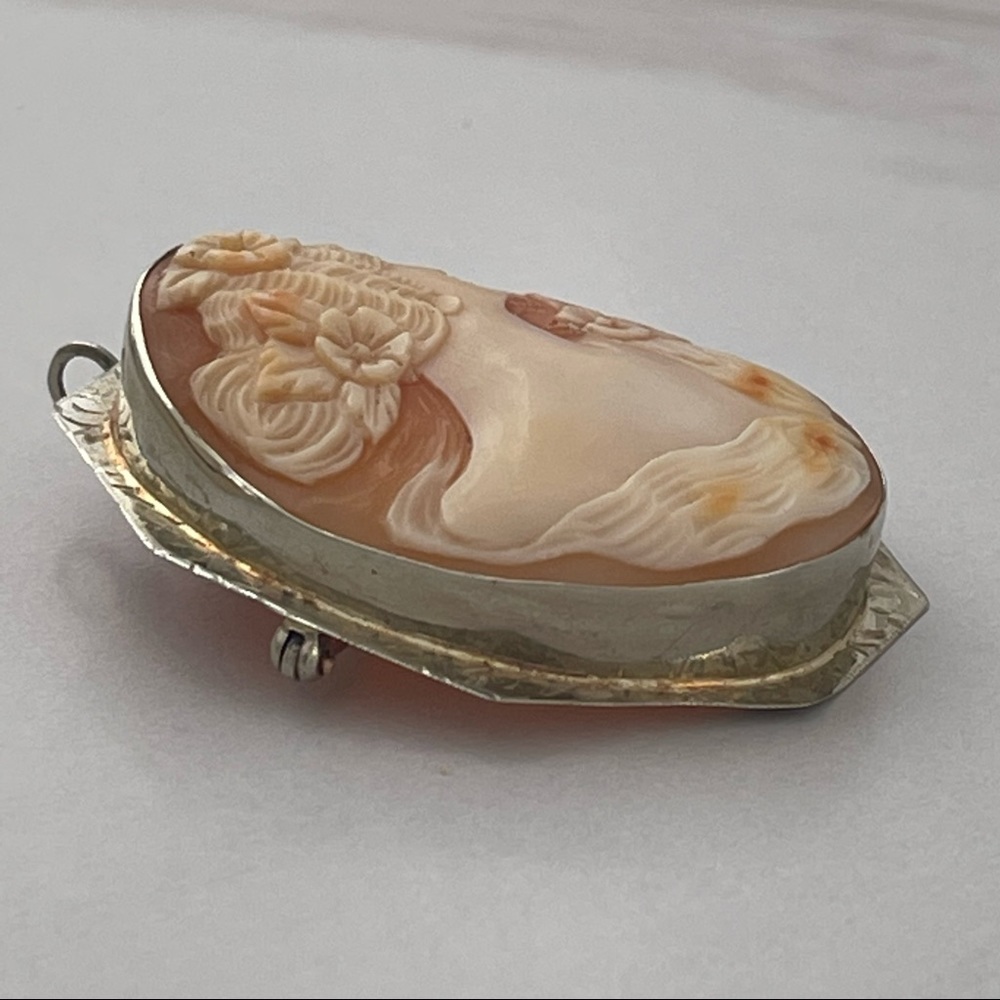 Solid 14K Antique white gold cameo Art Deco Goddess Victorian Pendant brooch pin - Picture 14 of 17